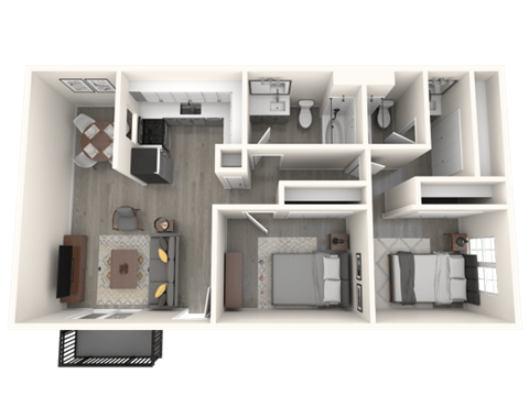 Floor plan for 2 beds, 2 baths, 950 sqft
